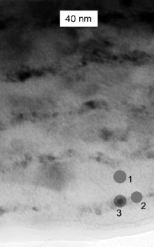 Al s Co szilrdfzis reakcijval kialakult nanoszerkezet. 
 A hőkezels sorn keletkezett j fzis Al9Co2, amiben elklnlt 
 nanokristlyokknt tallhatk a tbblet Co szemcsi.
Az EDS analzisek helyt stt krkkel jelltk.